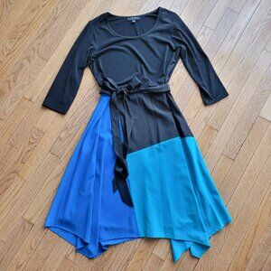 Chetta B Fit & Flare Belted Dress Asymmetrical Hem Round Neck 10